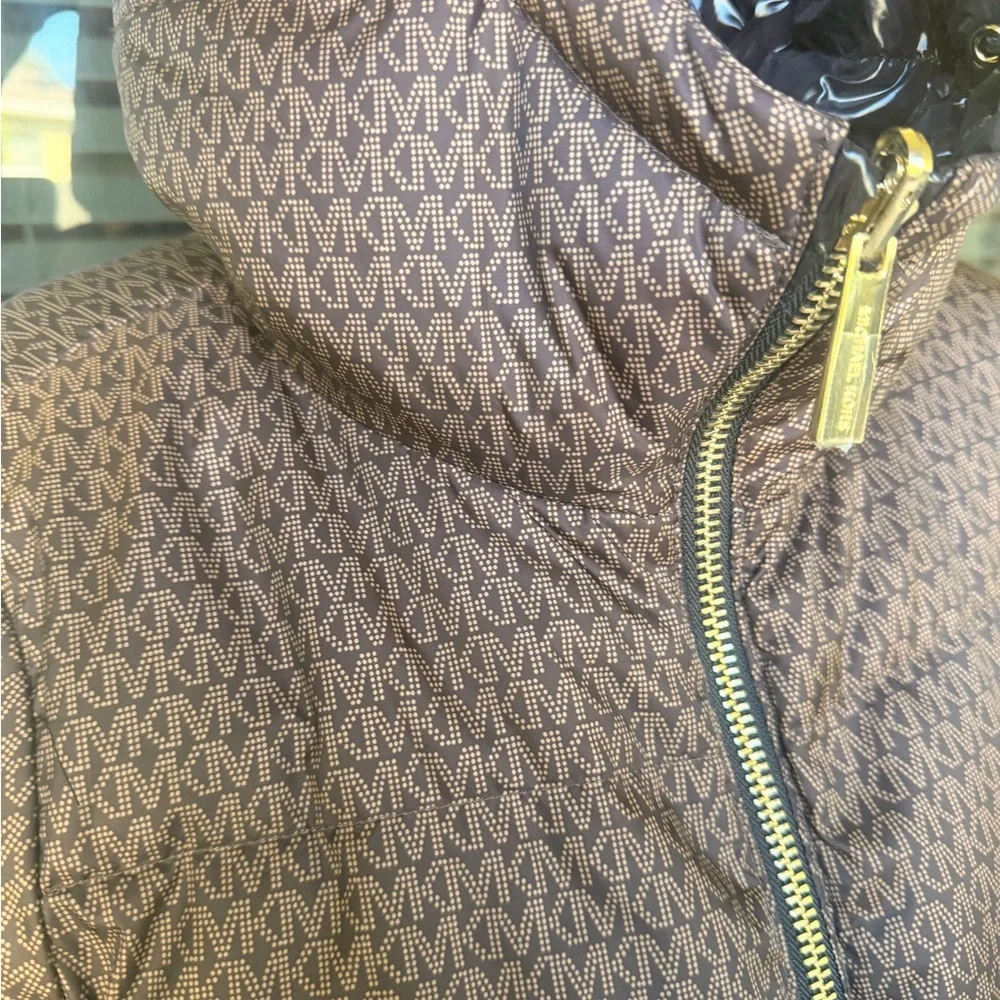 Michael Kors MK Monogram Dark Brown Reversible Puffer Jacket With Gold Hardware